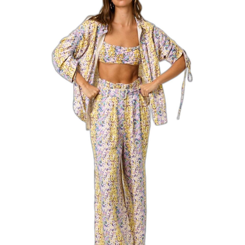 NEW LA PORTE Colorful Print Linen Shirt Paperbag Pants Resortwear Set Small S